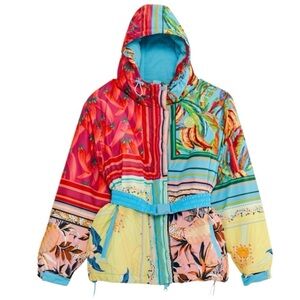 Farm Rio- NWT Multicolored Hooded Mix Scarves Printed Puffer Belted Ski Jacket